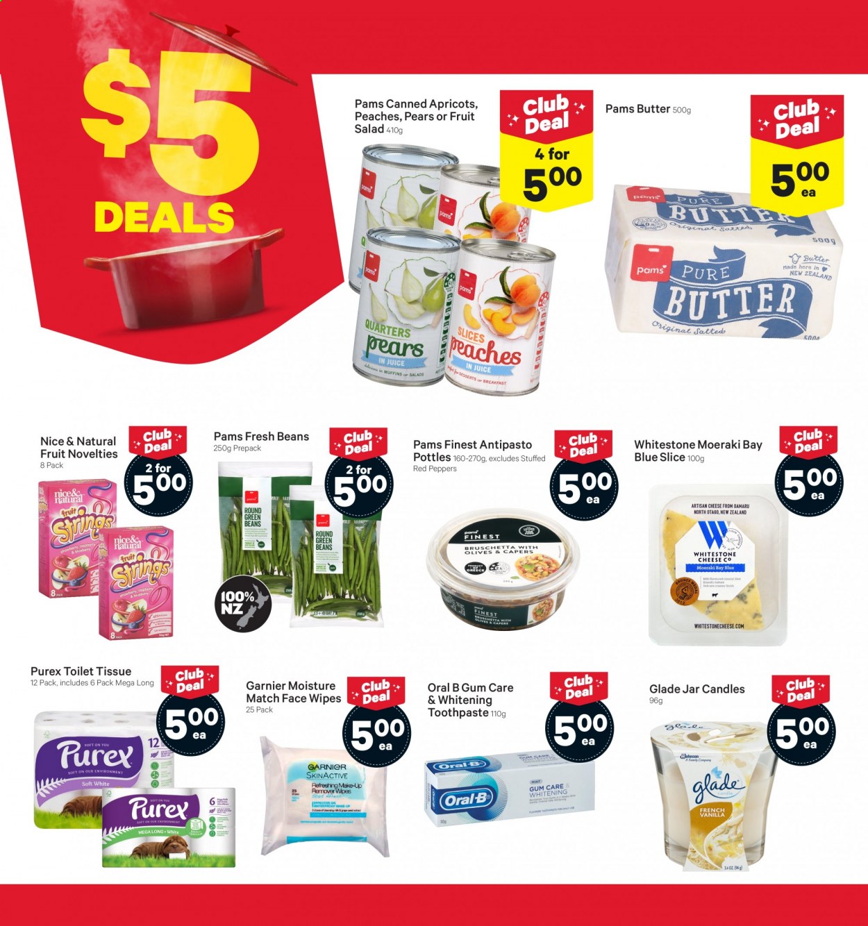 thumbnail - New World mailer - 15.02.2021 - 21.02.2021 - Sales products - green beans, muffin, beans, salad, pears, apricots, peaches, cheese, butter, capers, olives, fruit salad, juice, Johnson's, toilet paper, tissues, Oral-B, toothpaste, Garnier, Glade. Page 3.