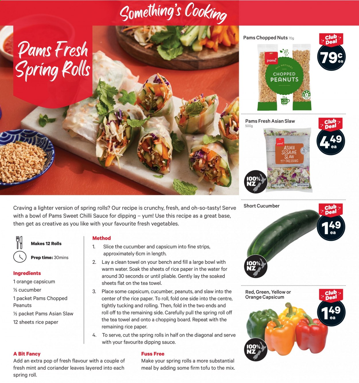 thumbnail - New World mailer - 15.02.2021 - 21.02.2021 - Sales products - capsicum, oranges, spring rolls, tofu, strips, cucumber, rice, coriander, chilli sauce, sweet chilli sauce, peanuts, paper. Page 6.