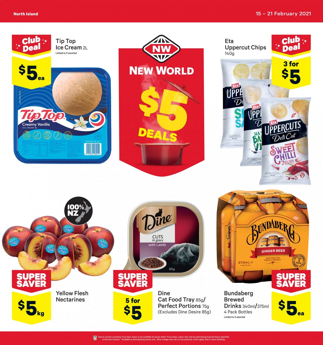 thumbnail - New World mailer - 15.02.2021 - 21.02.2021 - Sales products - ginger beer, nectarines, ice cream, chips, oil, Bundaberg, wine, liquor, beer. Page 1.