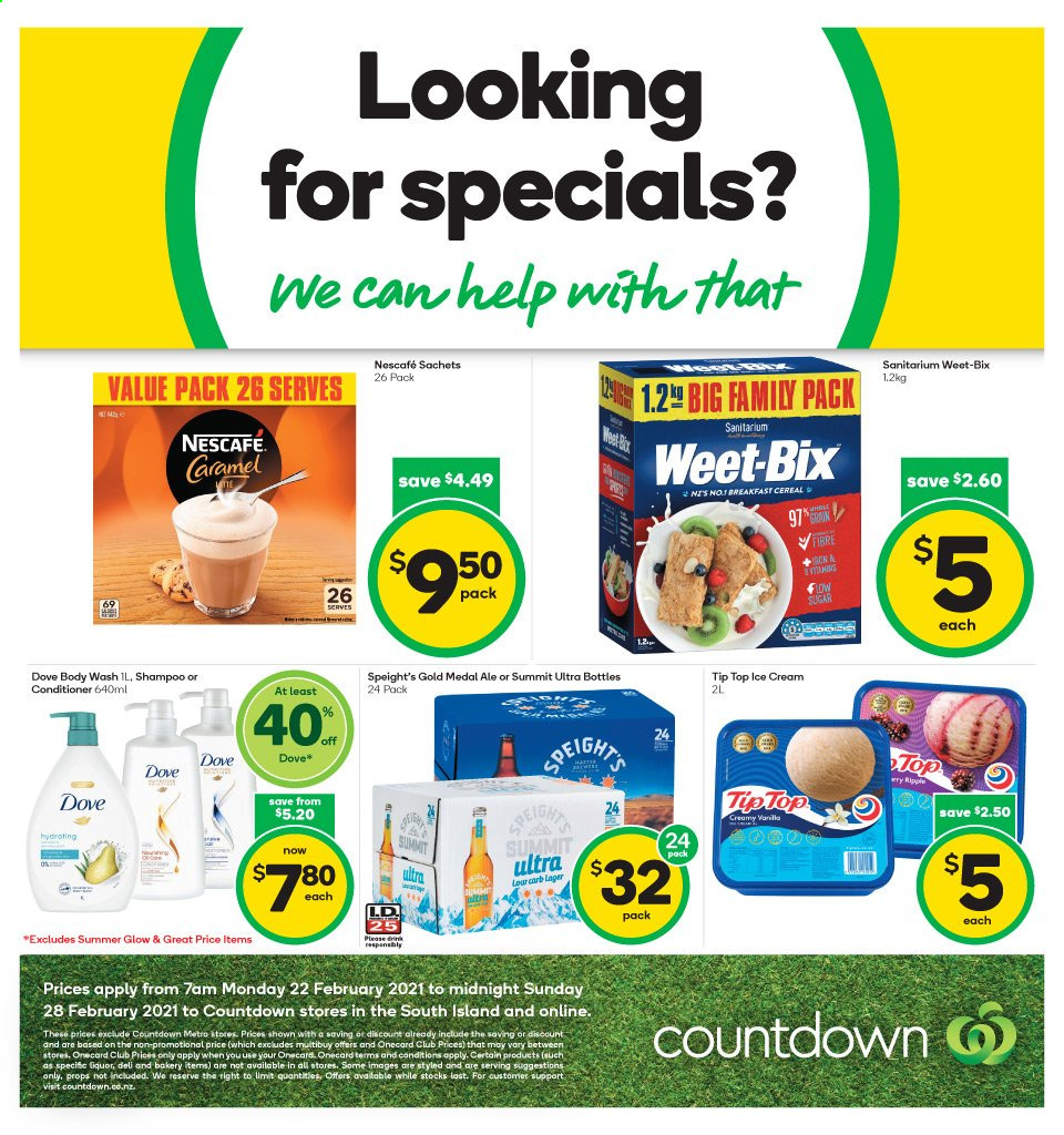 thumbnail - Countdown mailer - 22.02.2021 - 28.02.2021 - Sales products - Tip Top, ice cream, cereals, Weet-Bix, caramel, Nescafé, liquor, Dove, body wash, shampoo, conditioner. Page 2.
