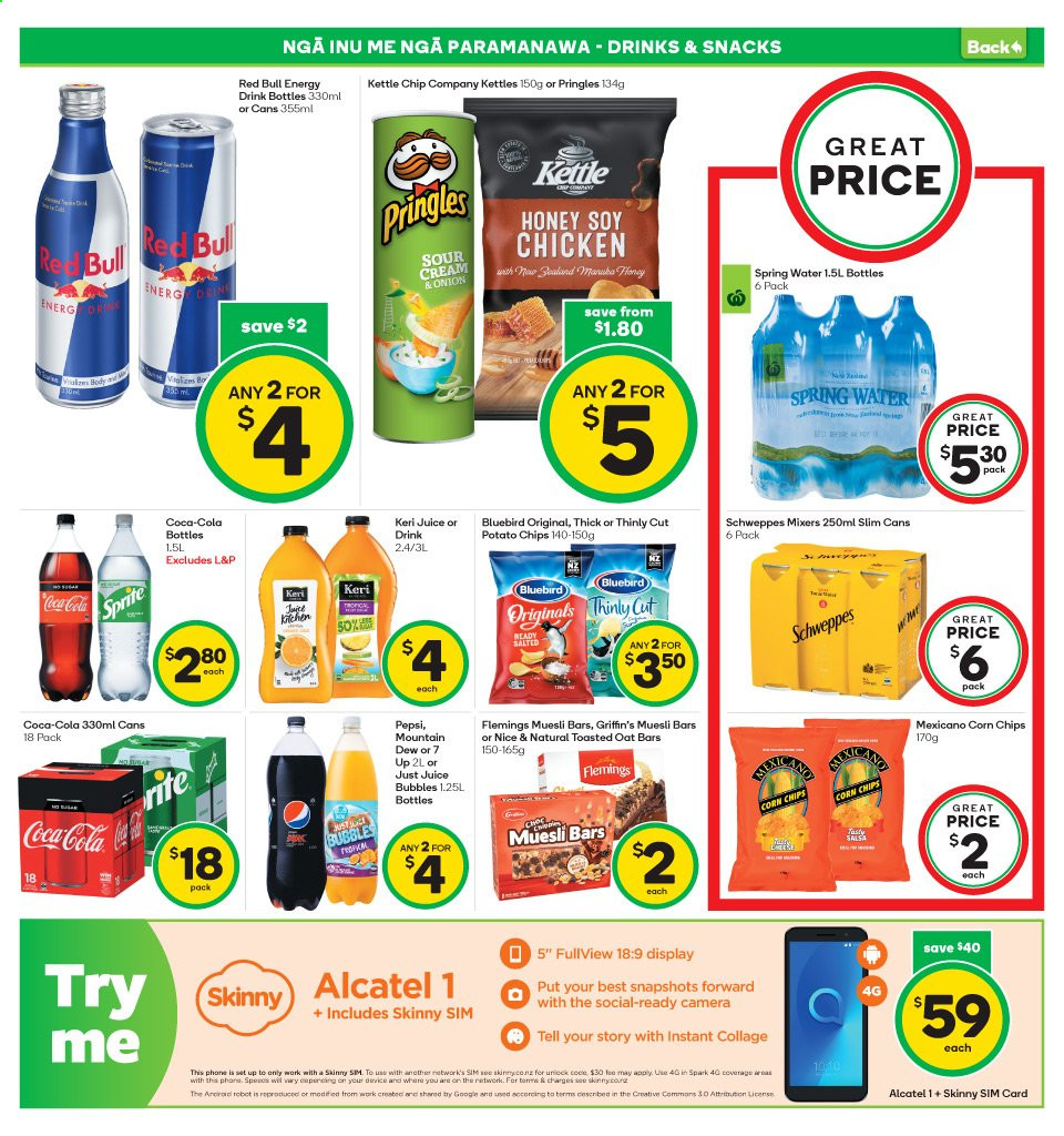 thumbnail - Countdown mailer - 22.02.2021 - 28.02.2021 - Sales products - sour cream, Griffin's, potato chips, Pringles, chips, corn chips, Mexicano, Bluebird, muesli bar, muesli, honey, Coca-Cola, Mountain Dew, Schweppes, Sprite, Pepsi, juice, energy drink, 7UP, Red Bull, L&P, spring water, Keri, phone, Alcatel. Page 14.