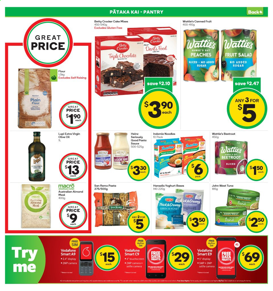 thumbnail - Countdown mailer - 22.02.2021 - 28.02.2021 - Sales products - cake, salad, beetroot juice, peaches, tuna, sauce, Wattie's, yoghurt, chocolate, almond meal, flour, Heinz, fruit salad, pasta, noodles, extra virgin olive oil, olive oil, honey, Coca-Cola. Page 19.