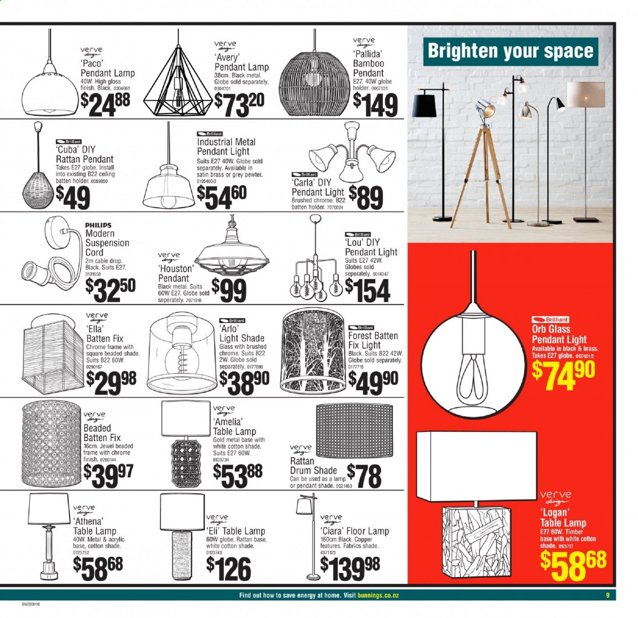 thumbnail - Bunnings Warehouse mailer - 20.02.2021 - 07.03.2021 - Sales products - satin sheets, Philips, lamp, metal pendant, pendant lamp, table lamp, floor lamp, holder. Page 9.