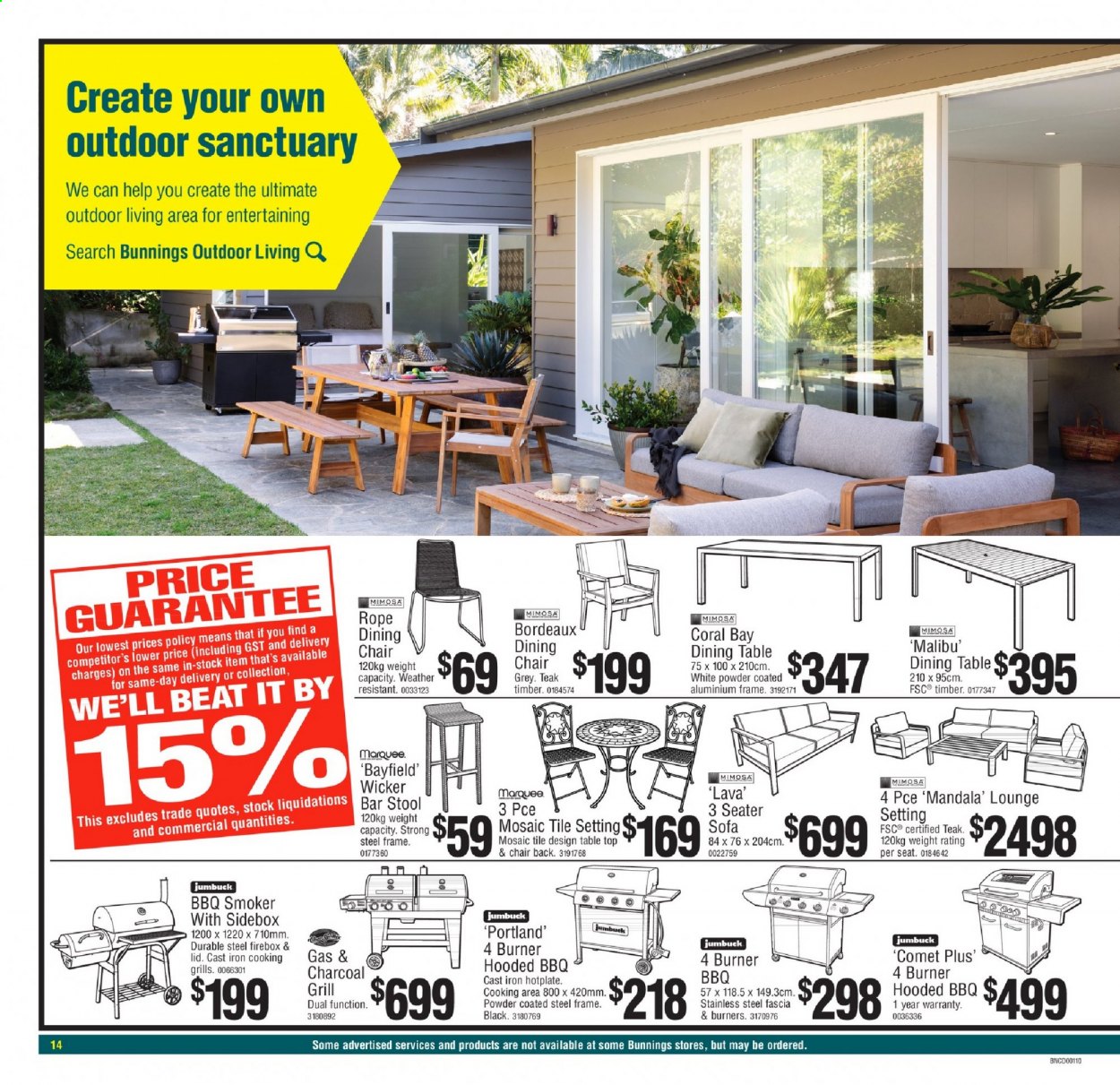 thumbnail - Bunnings Warehouse mailer - 20.02.2021 - 07.03.2021 - Sales products - dining table, table, stool, chair, bar stool, dining chair, sofa, aluminium frame, grill, smoker, firebox. Page 14.