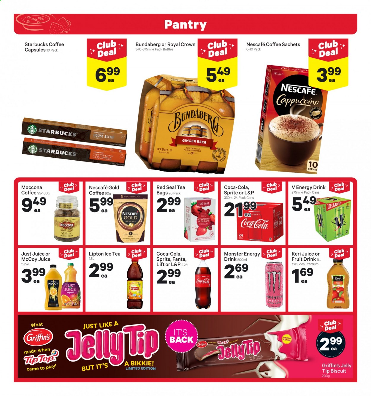 thumbnail - New World mailer - 22.02.2021 - 28.02.2021 - Sales products - ginger beer, rhubarb, oranges, jelly, biscuit, Griffin's, Sprite, juice, energy drink, Monster, Lipton, Fanta, fruit drink, Royal Crown, L&P, Monster Energy, Bundaberg, tea, cappuccino, coffee, Nescafé, ground coffee, Moccona, Starbucks, beer, Keri. Page 12.