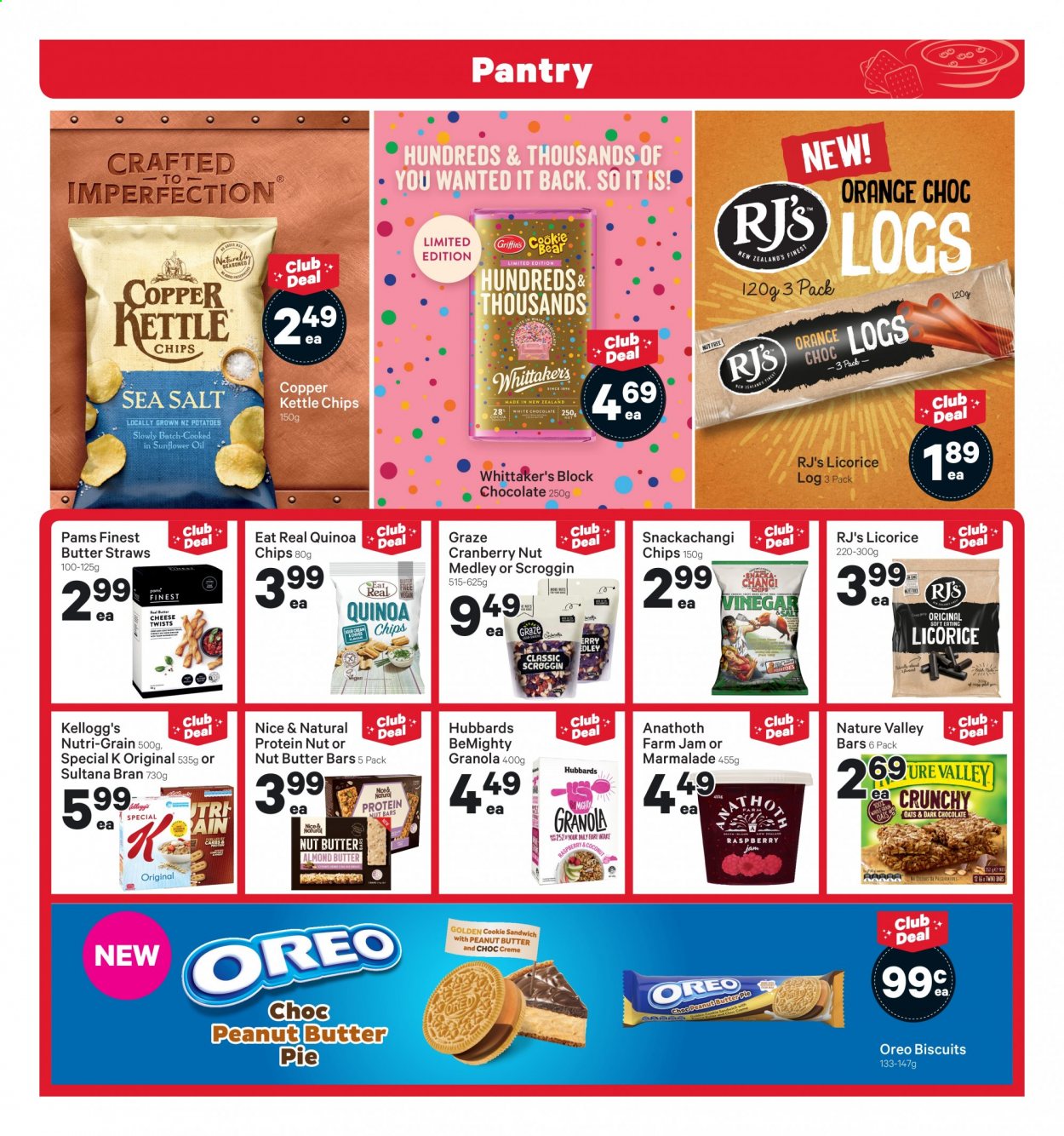 thumbnail - New World mailer - 22.02.2021 - 28.02.2021 - Sales products - pie, potatoes, oranges, coconut, sandwich, cheese, Oreo, almond butter, sour cream, white chocolate, chocolate, Kellogg's, biscuit, dark chocolate, Whittaker's, chips, snack, Copper Kettle, cocoa, oats, sea salt, granola, nut bar, Nature Valley, quinoa, sunflower oil, fruit jam, peanut butter, nut butter, almonds, Graze. Page 13.
