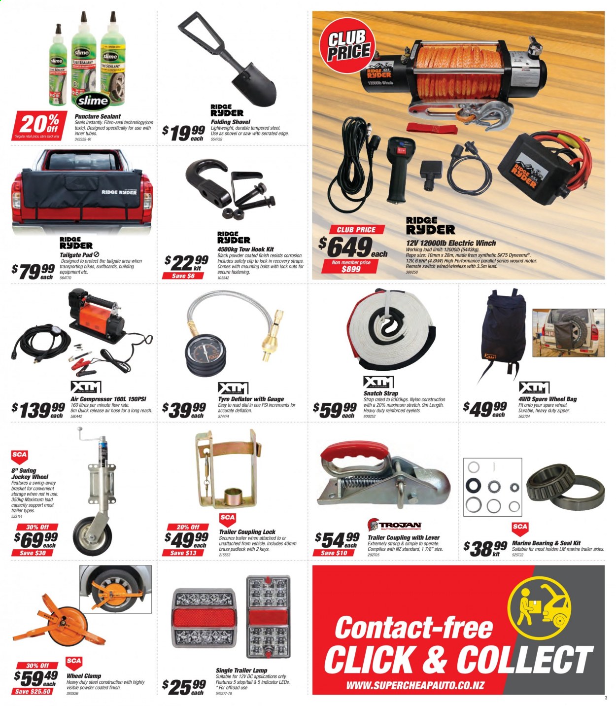 thumbnail - SuperCheap Auto mailer - 25.02.2021 - 07.03.2021 - Sales products - hook, saw, shovel, air compressor, air hose, winch, trailer, strap, deflator with gauge. Page 3.