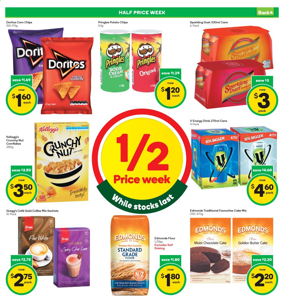 thumbnail - Countdown mailer - 01.03.2021 - 07.03.2021 - Sales products - cake mix, butter cake, butter, sour cream, chocolate, Kellogg's, Doritos, potato chips, Pringles, chips, corn chips, flour, corn flakes, energy drink, coffee, Sure. Page 5.