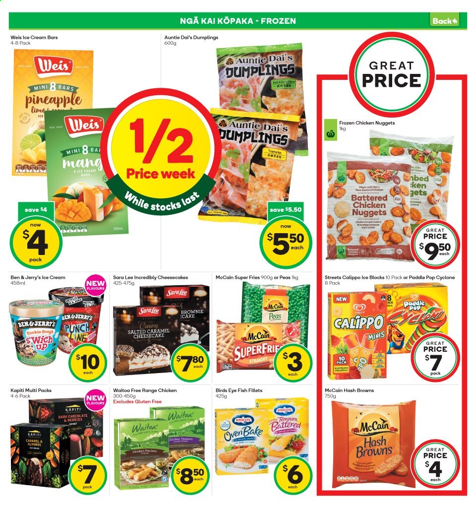 thumbnail - Countdown mailer - 01.03.2021 - 07.03.2021 - Sales products - Sara Lee, cake, brownies, peas, pineapple, fish fillets, fish, hash browns, nuggets, chicken nuggets, dumplings, Bird's Eye, ice cream, ice cream bars, Calippo, Ben & Jerry's, McCain, potato fries, cookie dough, chocolate, dark chocolate, almonds, Bai, punch, Lee. Page 22.
