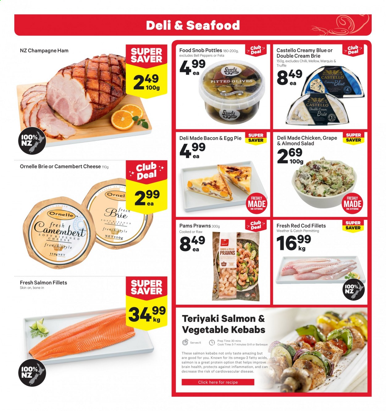 thumbnail - New World mailer - 01.03.2021 - 07.03.2021 - Sales products - bell peppers, pie, salad, peppers, cod, salmon, salmon fillet, prawns, bacon, ham, camembert, cheese, brie, feta, eggs, truffles, almonds, champagne, Omega-3. Page 9.