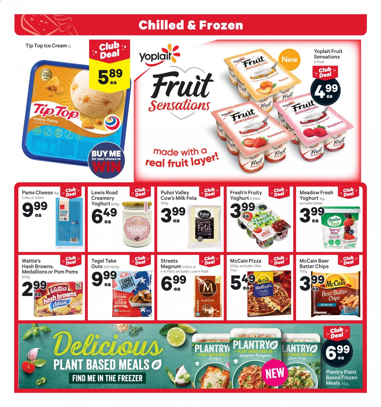 thumbnail - New World mailer - 01.03.2021 - 07.03.2021 - Sales products - hash browns, pizza, Wattie's, Colby cheese, edam cheese, cheese, feta, yoghurt, Fresh'n Fruity, Yoplait, milk, cage free eggs, Magnum, ice cream, family pizza, McCain, lasagne sheets, spaghetti, almonds, beer, steak. Page 15.