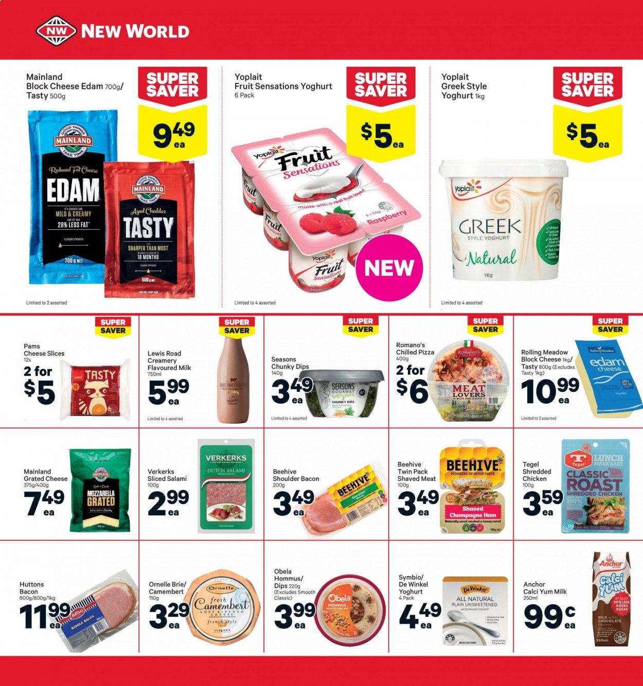 thumbnail - New World mailer - 01.03.2021 - 07.03.2021 - Sales products - pizza, bacon, salami, shoulder bacon, hummus, Obela, camembert, edam cheese, sliced cheese, cheese, brie, grated cheese, yoghurt, Yoplait, milk, flavoured milk, Anchor. Page 20.