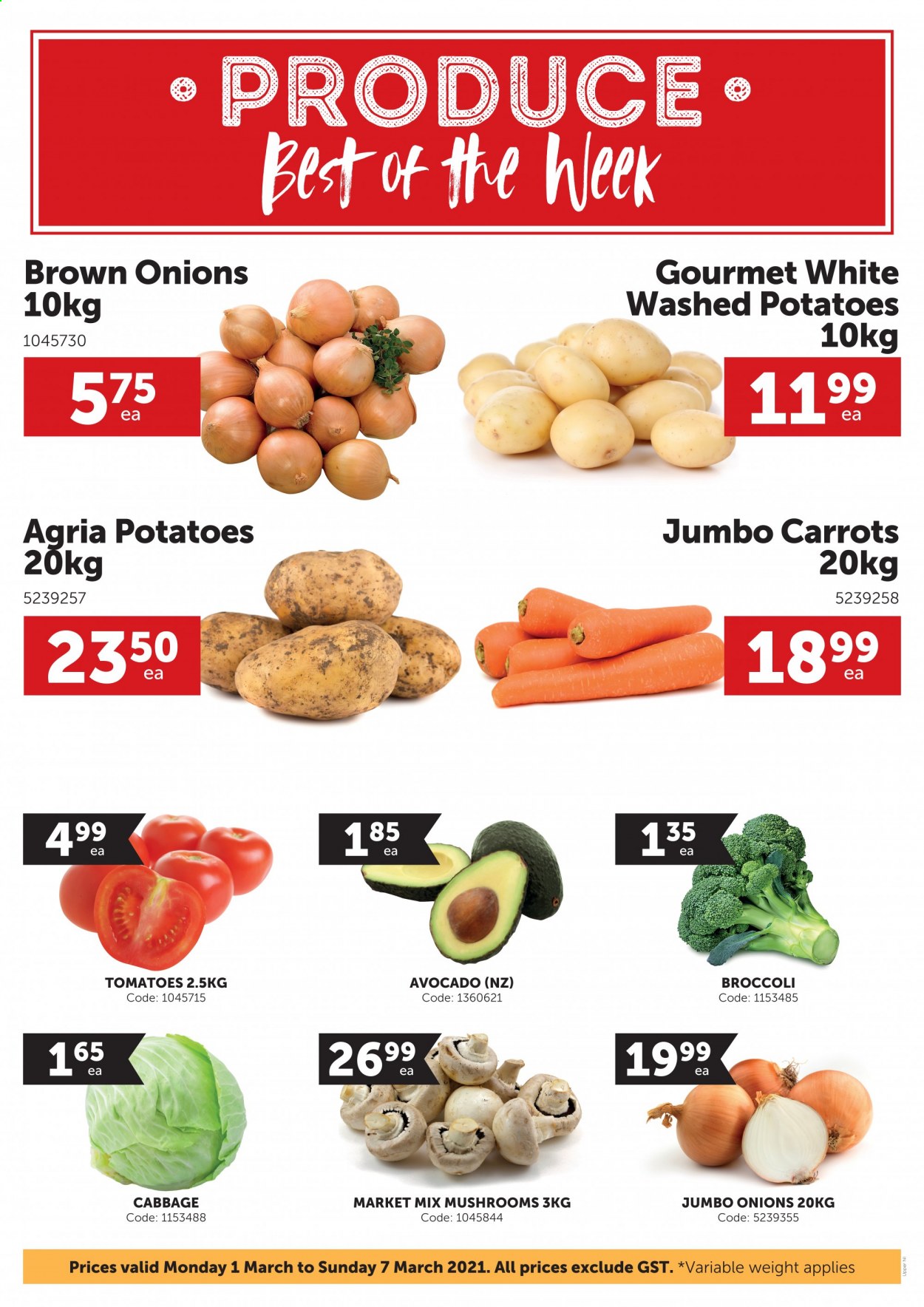thumbnail - Gilmours mailer - 01.03.2021 - 07.03.2021 - Sales products - mushrooms, broccoli, carrots, tomatoes, potatoes, onion, avocado. Page 1.