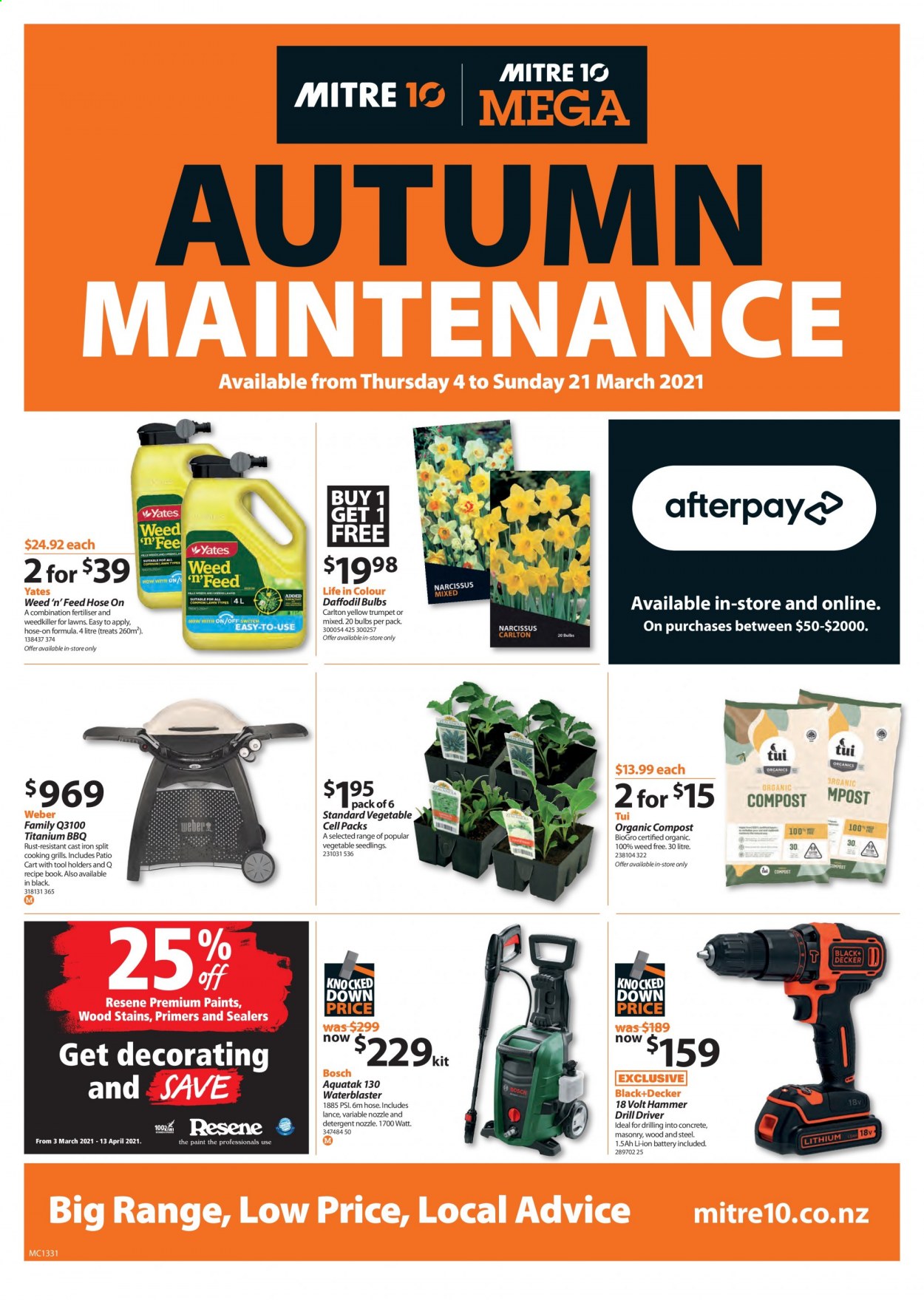 thumbnail - Mitre 10 mailer - 04.03.2021 - 21.03.2021 - Sales products - bulb, Bosch, drill, hammer, Black & Decker, Weber, Yates, Weed 'n' Feed, daffodil, cart. Page 1.