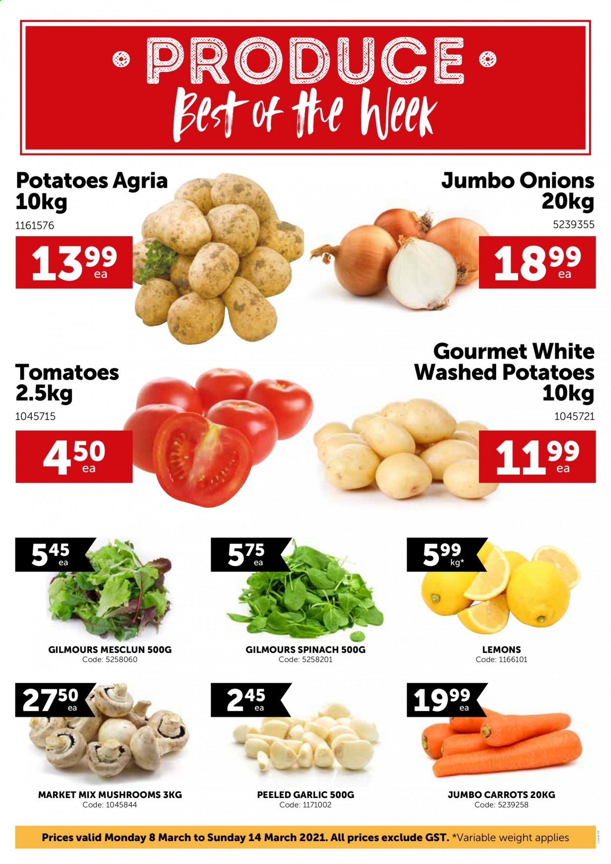 thumbnail - Gilmours mailer - 08.03.2021 - 14.03.2021 - Sales products - mushrooms, carrots, garlic, spinach, tomatoes, potatoes, onion, mesclun, lemons. Page 1.