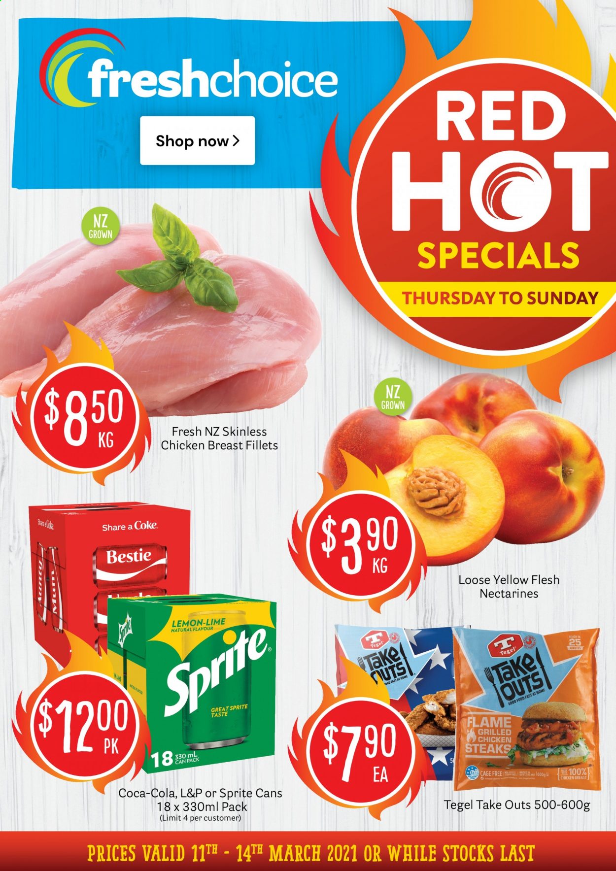 thumbnail - Fresh Choice mailer - 11.03.2021 - 14.03.2021 - Sales products - nectarines, cage free eggs, Coca-Cola, Sprite, L&P, chicken breasts, steak. Page 1.