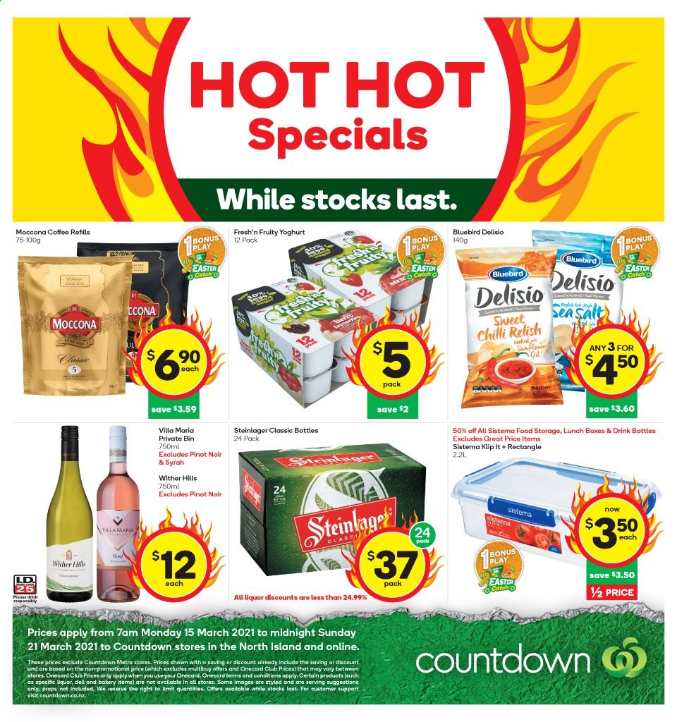 thumbnail - Countdown mailer - 15.03.2021 - 21.03.2021 - Sales products - Fresh'n Fruity, yoghurt, Bluebird, Delisio, sea salt, oil, Moccona, Pinot Noir, Wither Hills, Syrah, wine, Steinlager, bin, Hill's. Page 2.