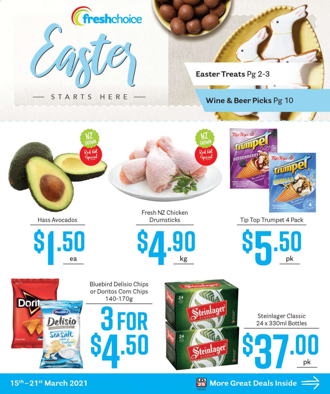 thumbnail - Fresh Choice mailer - 15.03.2021 - 21.03.2021 - Sales products - avocado, Doritos, chips, corn chips, Bluebird, Delisio, sunflower oil, wine, beer, Steinlager. Page 1.