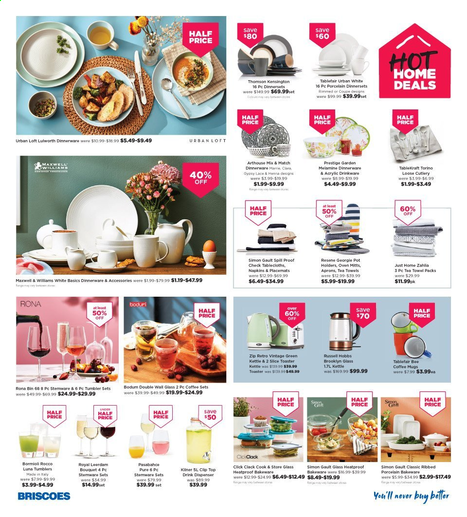 thumbnail - Briscoes mailer - 20.03.2021 - 28.03.2021 - Sales products - dinnerware set, drinkware, tumbler, pot, oven mitt, dispenser, stemware sets, bakeware, tablecloth, tea towels, oven, Russell Hobbs, toaster, kettle. Page 2.