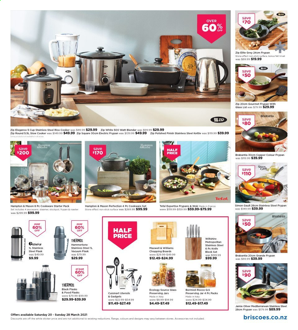 thumbnail - Briscoes mailer - 20.03.2021 - 28.03.2021 - Sales products - Brabantia, cookware set, knife, lid, Tefal, utensils, wok, cup, stockpot, Hampton & Mason, preserving jars, frying pan, Cuisinart, blender, slow cooker, rice cooker, electric frypan, roaster, kettle, food steamer. Page 3.