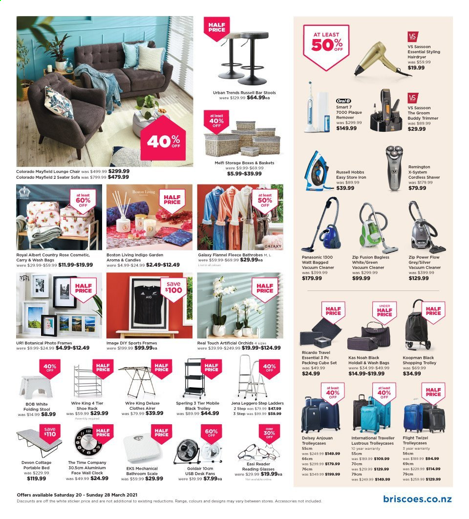 thumbnail - Briscoes mailer - 20.03.2021 - 28.03.2021 - Sales products - trolley, storage box, stool, chair, bar stool, sofa, bed, shoe rack, Panasonic, scale, candle, vacuum cleaner, Russell Hobbs, iron, Remington, trimmer, shaver, hair dryer. Page 5.