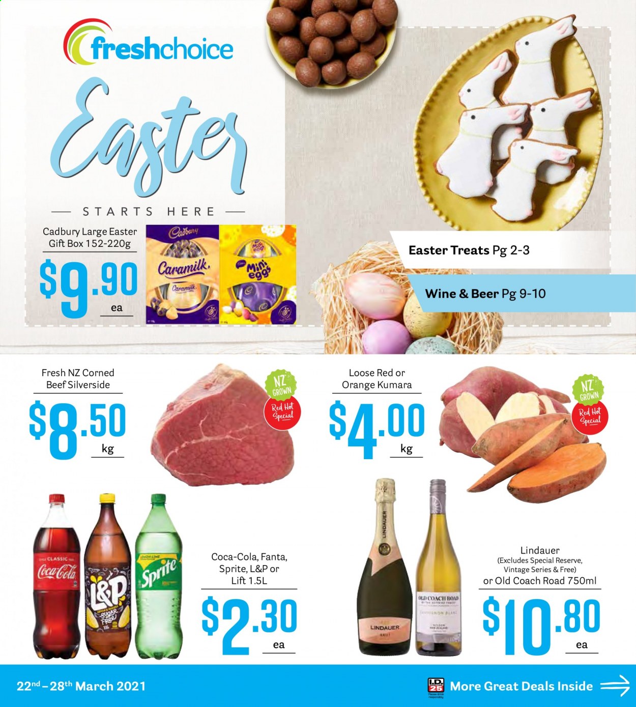thumbnail - Fresh Choice mailer - 22.03.2021 - 28.03.2021 - Sales products - oranges, eggs, Cadbury, Coca-Cola, Sprite, Fanta, L&P, sparkling wine, wine, Lindauer, beer, beef meat, corned beef. Page 1.