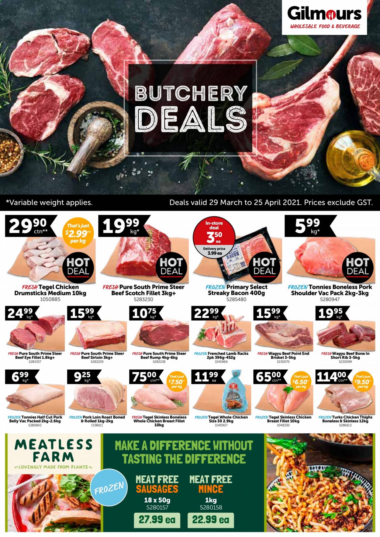 thumbnail - Gilmours mailer - 29.03.2021 - 25.04.2021 - Sales products - bacon, streaky bacon, sausage, whole chicken, chicken thighs, chicken breasts, chicken drumsticks, beef meat, beef sirloin, pork belly, pork loin, pork meat, pork shoulder. Page 1.