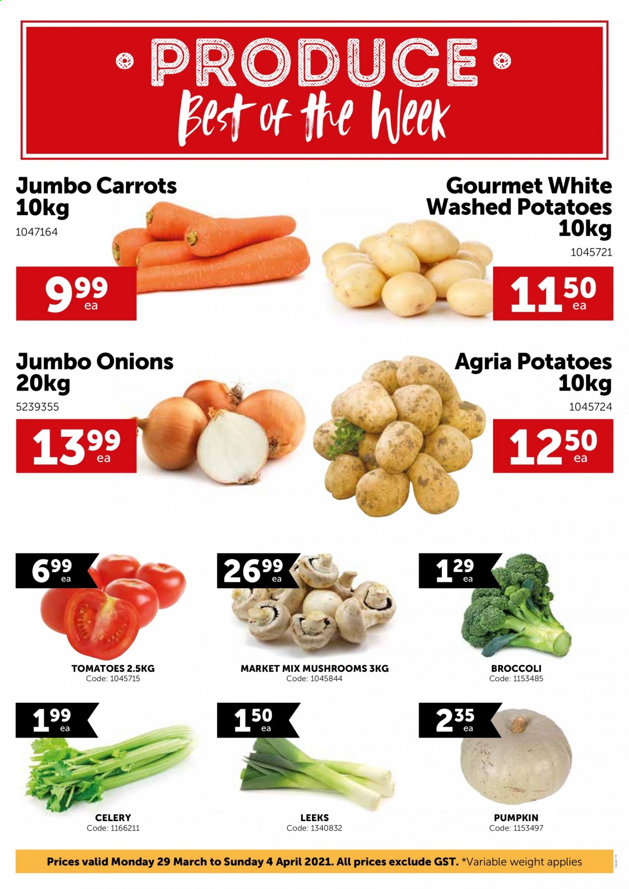 thumbnail - Gilmours mailer - 29.03.2021 - 04.04.2021 - Sales products - mushrooms, celery, broccoli, carrots, tomatoes, potatoes, pumpkin, onion. Page 1.