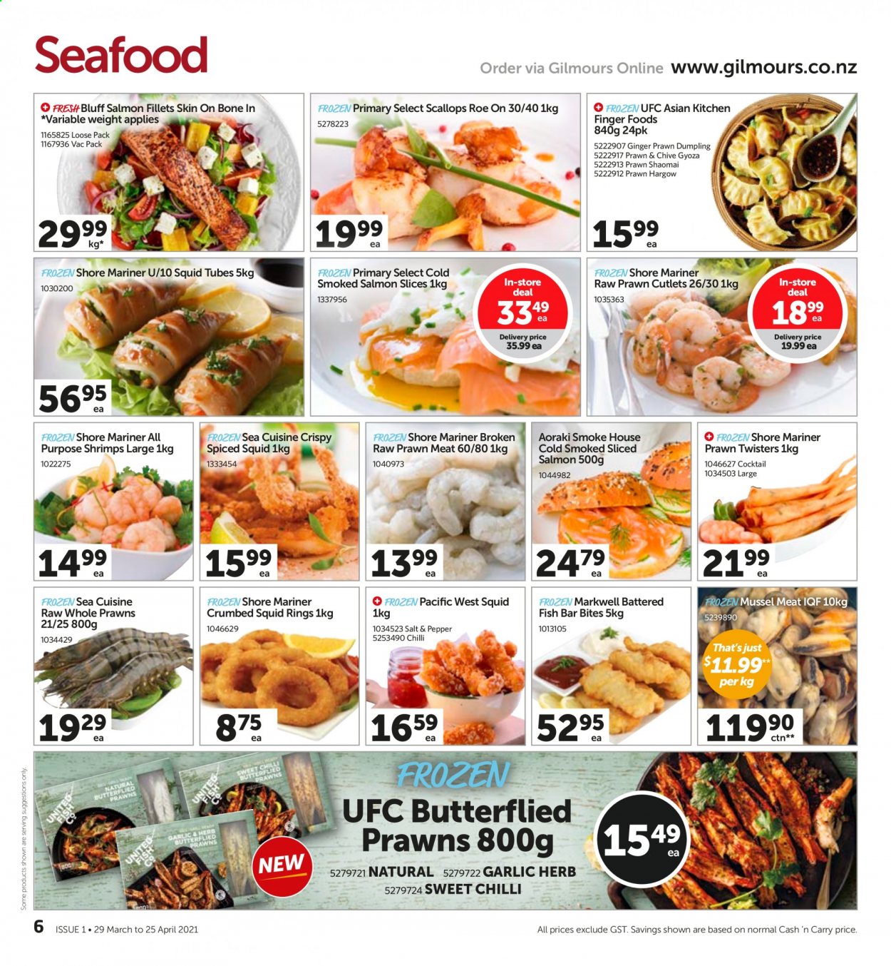 thumbnail - Gilmours mailer - 29.03.2021 - 25.04.2021 - Sales products - garlic, ginger, mussels, salmon, salmon fillet, scallops, shrimps, smoked salmon, squid, seafood, prawns, fish, Shore Mariner, squid rings, dumplings, herbs. Page 6.