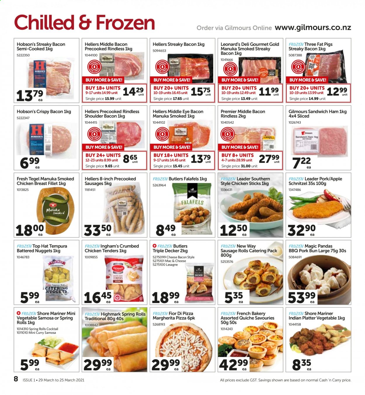 thumbnail - Gilmours mailer - 29.03.2021 - 25.04.2021 - Sales products - sausage rolls, Shore Mariner, macaroni & cheese, pizza, sandwich, nuggets, spring rolls, schnitzel, bacon, ham, shoulder bacon, streaky bacon, sausage, quiche, lasagne sheets, chicken tenders, chicken breasts. Page 8.