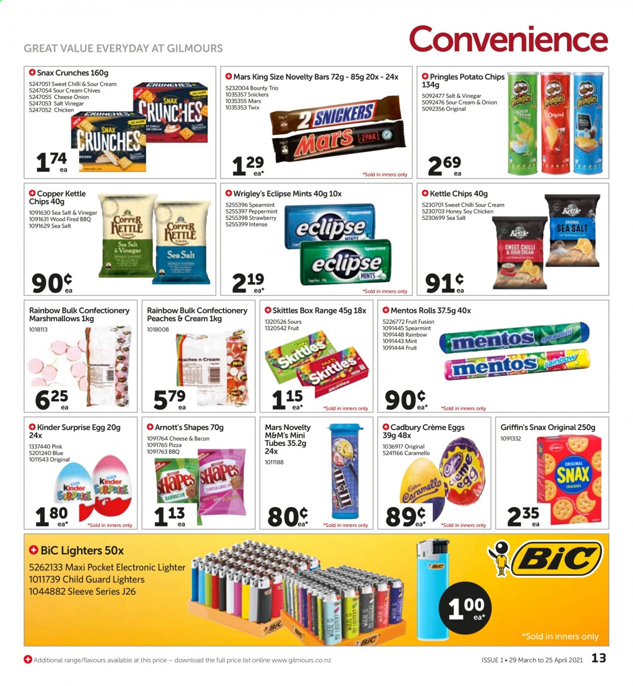 thumbnail - Gilmours mailer - 29.03.2021 - 25.04.2021 - Sales products - peaches, pizza, bacon, eggs, marshmallows, Mentos, Snickers, Twix, Bounty, Mars, M&M's, Kinder Surprise, Cadbury, Griffin's, Skittles, potato chips, Pringles, chips, Copper Kettle, sea salt, honey. Page 13.