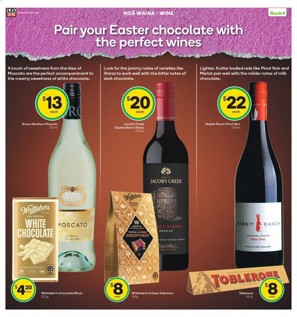 thumbnail - Countdown mailer - 29.03.2021 - 11.04.2021 - Sales products - milk chocolate, white chocolate, chocolate, dark chocolate, Toblerone, Whittaker's, cocoa, Moscato, wine, Merlot, Pinot Noir, Rabbit Ranch, Jacob's Creek, Shiraz, BROTHERS, Brother, rabbit. Page 2.