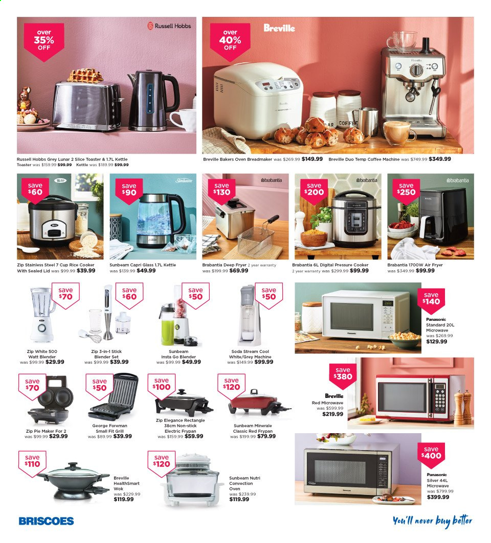 thumbnail - Briscoes mailer - 01.04.2021 - 11.04.2021 - Sales products - Panasonic, Brabantia, lid, pressure cooker, wok, cup, frying pan, Sunbeam, oven, microwave, coffee machine, blender, air fryer, Russell Hobbs, rice cooker, electric frypan, toaster, pie maker, kettle, grill. Page 4.