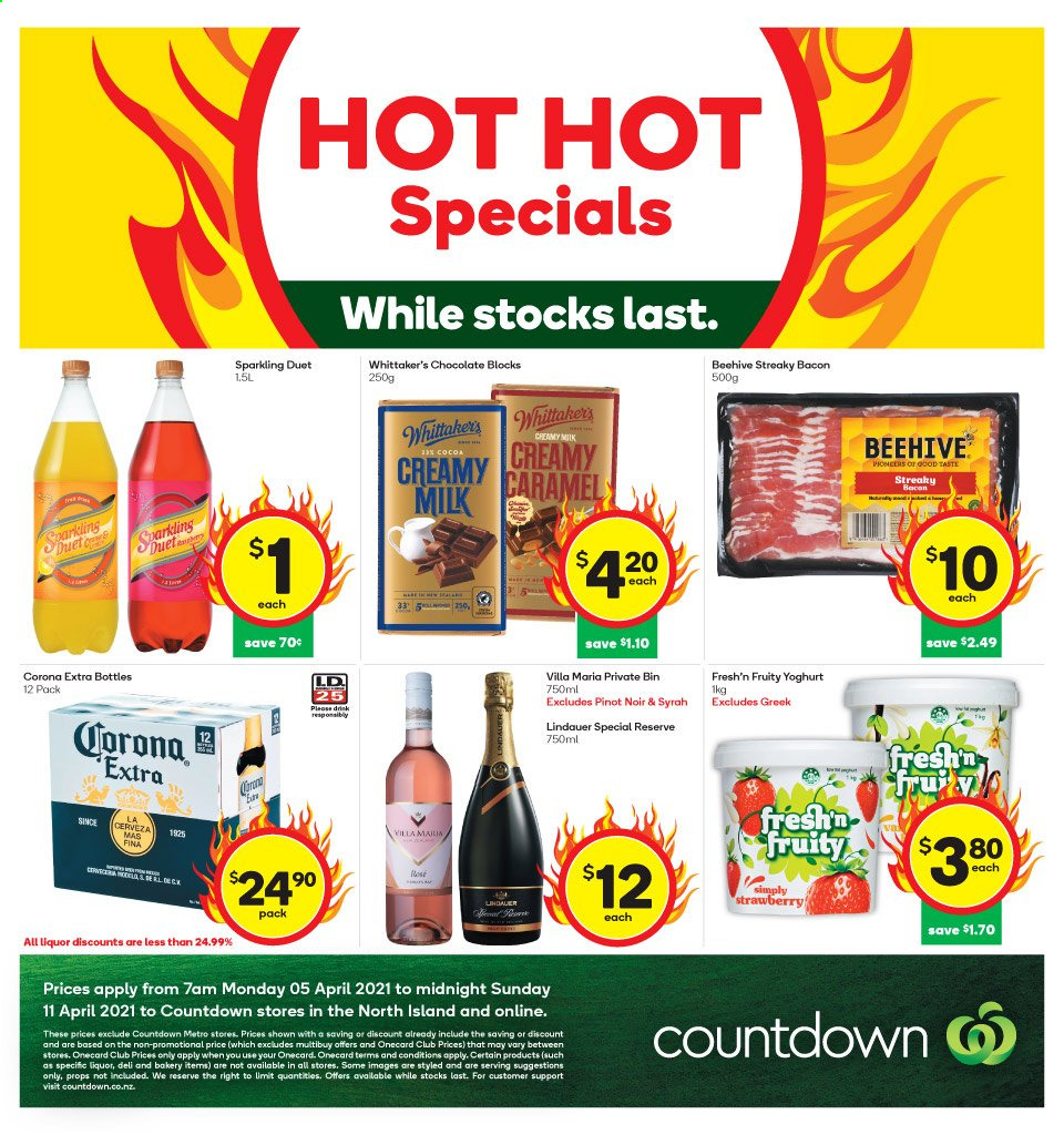 thumbnail - Countdown mailer - 05.04.2021 - 11.04.2021 - Sales products - bacon, streaky bacon, yoghurt, Fresh'n Fruity, milk, chocolate, Whittaker's, cocoa, sparkling wine, wine, Pinot Noir, Lindauer, Syrah, beer, Corona Extra, bin. Page 2.