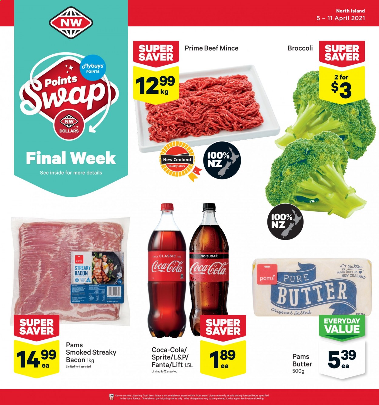 thumbnail - New World mailer - 05.04.2021 - 11.04.2021 - Sales products - broccoli, bacon, streaky bacon, butter, Coca-Cola, Sprite, Fanta, L&P, wine, liquor, beef meat, ground beef. Page 1.