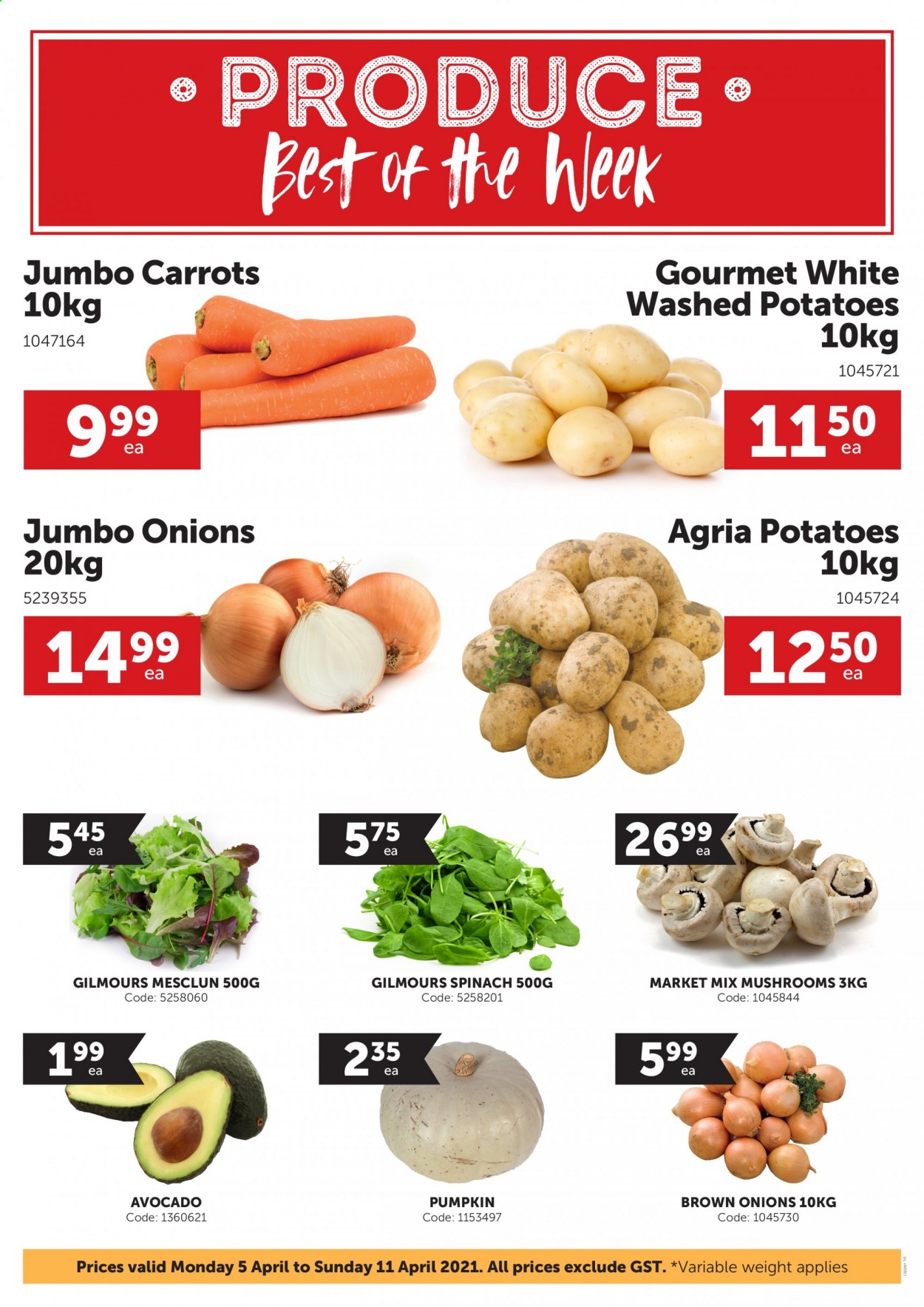 thumbnail - Gilmours mailer - 05.04.2021 - 11.04.2021 - Sales products - mushrooms, carrots, spinach, potatoes, pumpkin, onion, mesclun, avocado. Page 1.