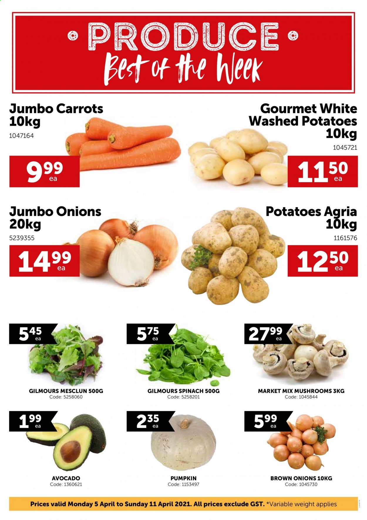 thumbnail - Gilmours mailer - 05.04.2021 - 11.04.2021 - Sales products - mushrooms, carrots, spinach, potatoes, pumpkin, onion, mesclun, avocado. Page 1.