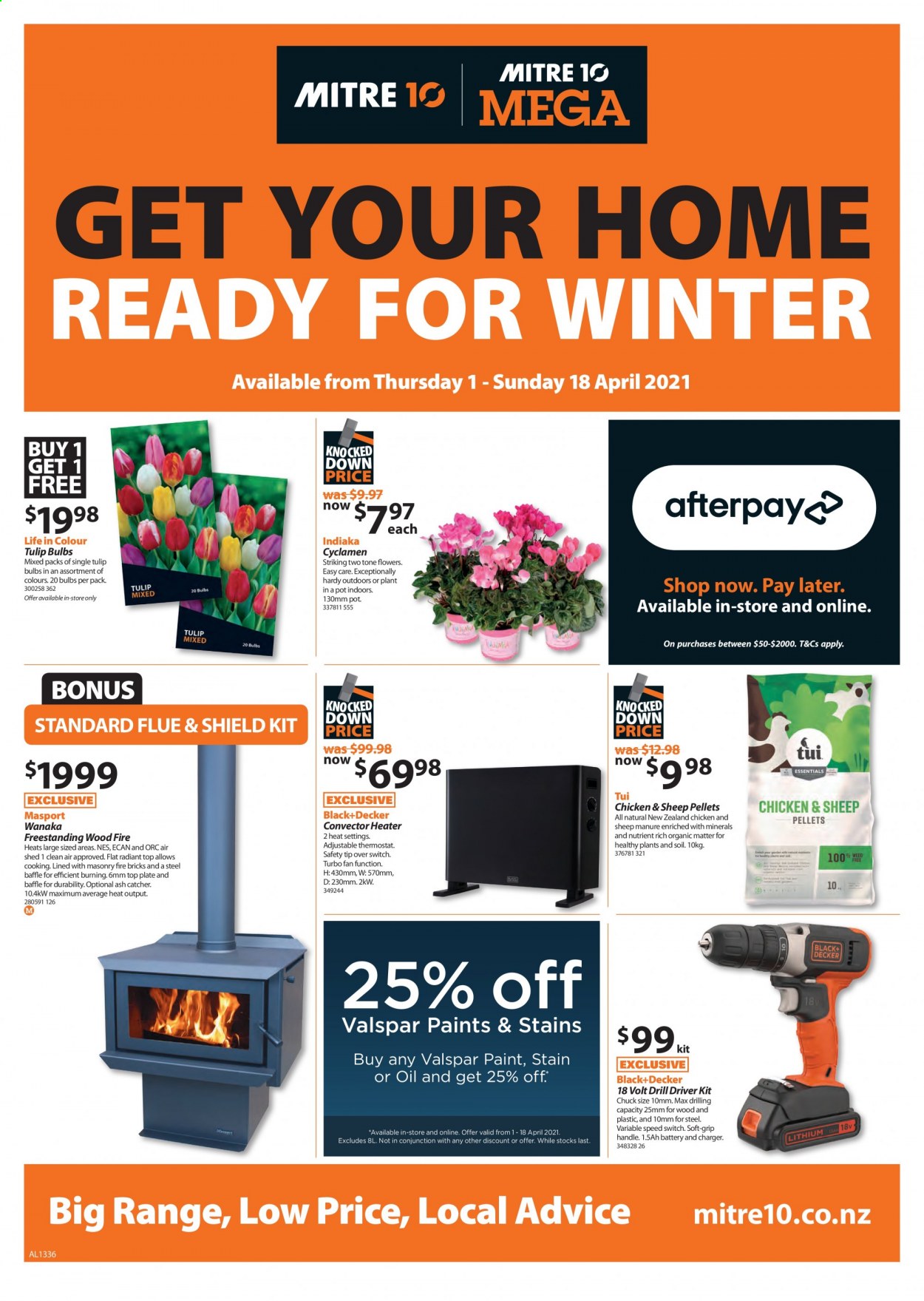 thumbnail - Mitre 10 mailer - 01.04.2021 - 18.04.2021 - Sales products - Valspar, bulb, switch, heater, brick, drill, drill driver kit, Black & Decker, shed. Page 1.