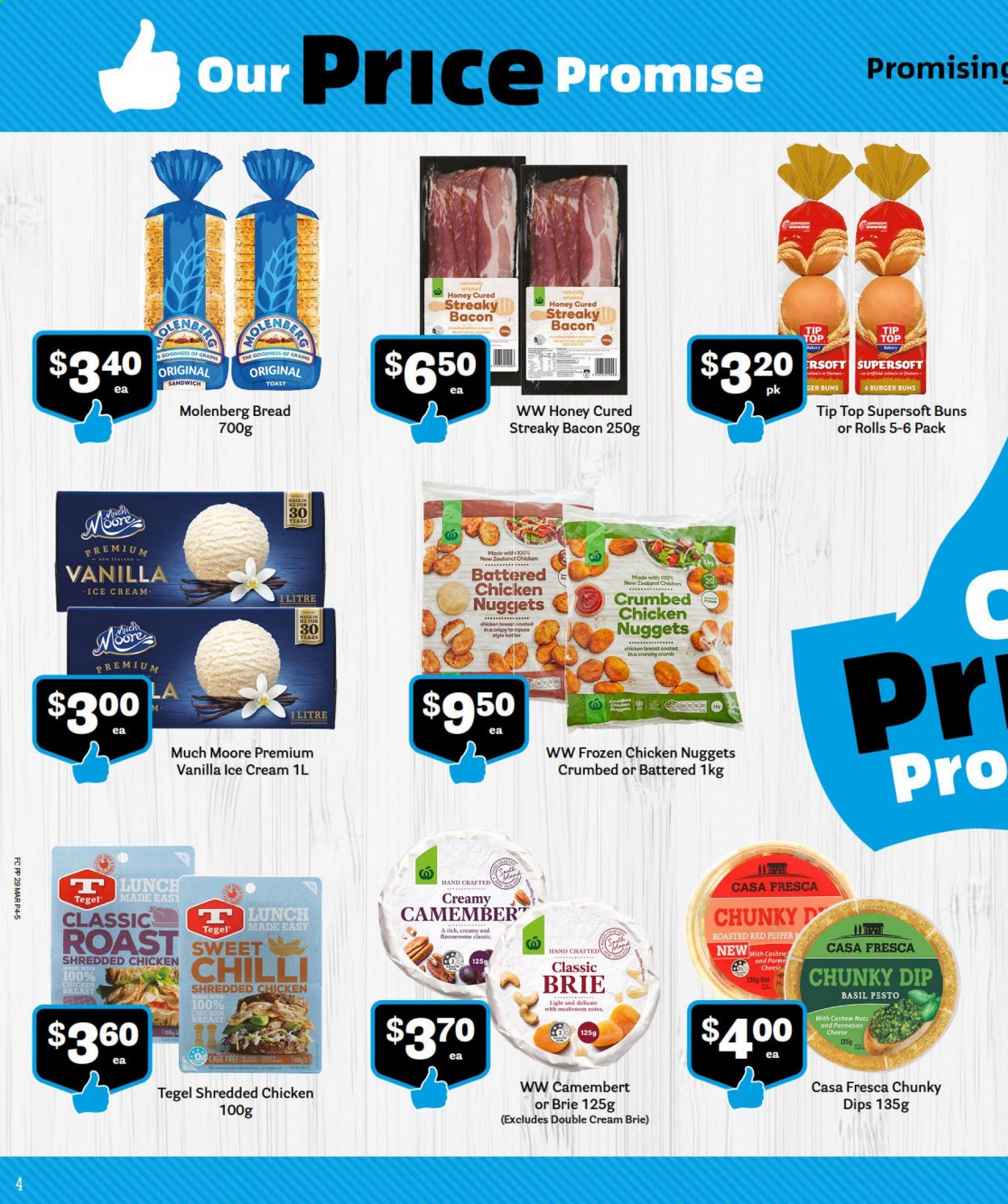 thumbnail - Fresh Choice mailer - 30.03.2021 - 02.05.2021 - Sales products - bread, burger buns, buns, sandwich, nuggets, chicken nuggets, streaky bacon, bacon, camembert, brie, parmesan, cheese, dip, Much Moore, ice cream, pesto, basil pesto, honey, cashews, chicken breasts. Page 4.