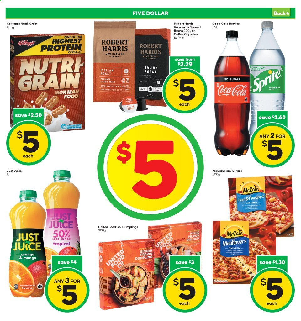 thumbnail - Countdown mailer - 12.04.2021 - 18.04.2021 - Sales products - beans, ginger, pineapple, oranges, prawns, pizza, dumplings, ham, family pizza, McCain, Kellogg's, Harris, cereals, Coca-Cola, Sprite, juice, coffee, coffee capsules. Page 4.