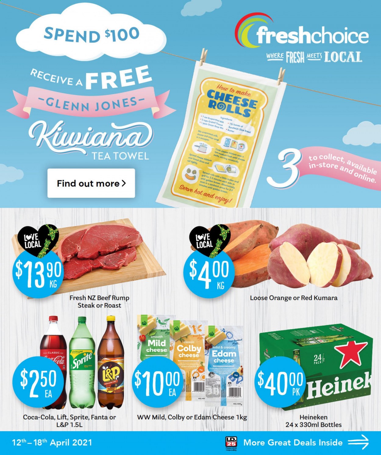thumbnail - Fresh Choice mailer - 12.04.2021 - 18.04.2021 - Sales products - oranges, onion soup, sandwich, soup mix, soup, Colby cheese, edam cheese, cheese, grated cheese, evaporated milk, cheese rolls, Coca-Cola, Sprite, Fanta, L&P, beer, Heineken, beef meat, steak, rump steak. Page 1.