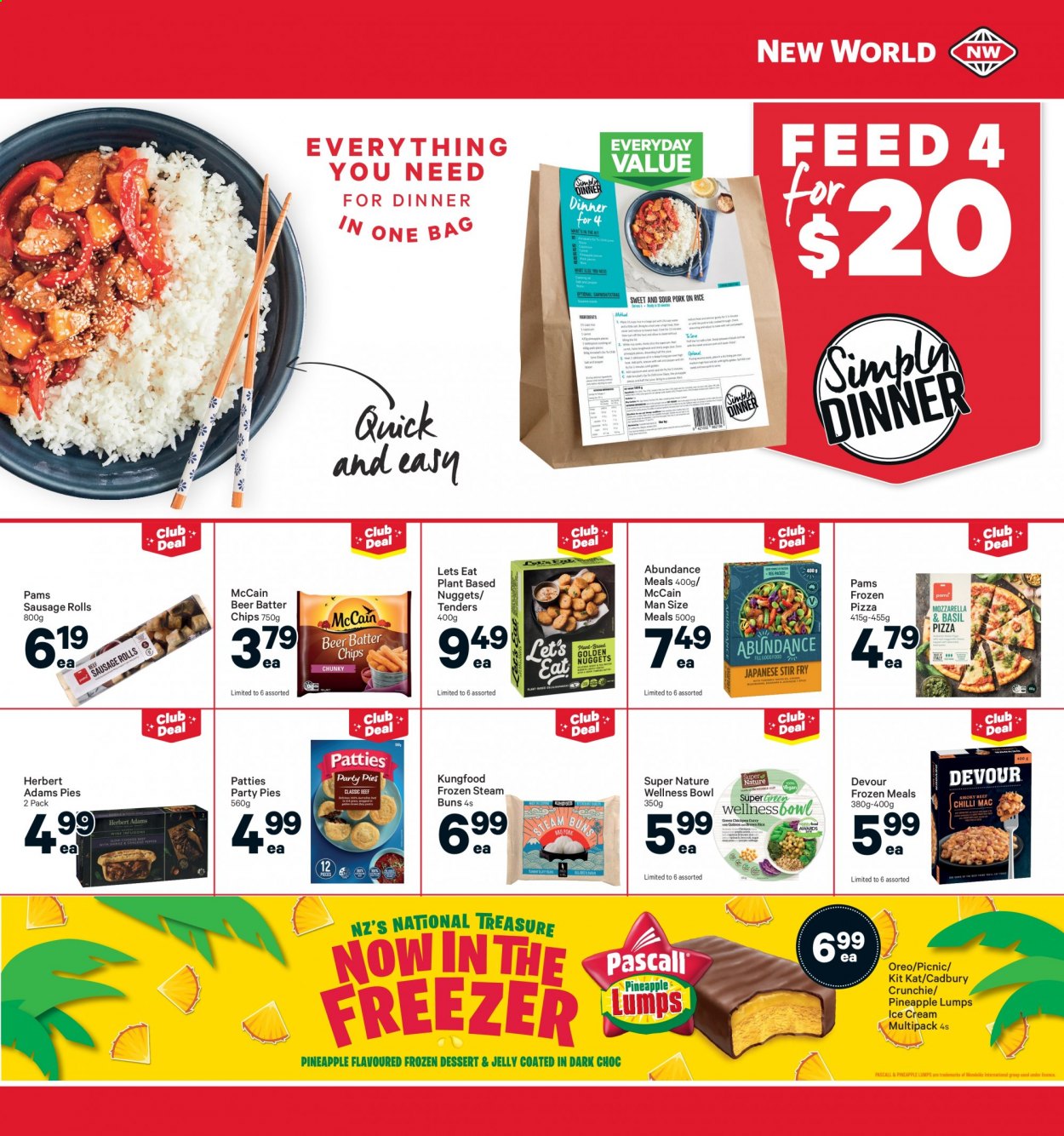 thumbnail - New World mailer - 12.04.2021 - 18.04.2021 - Sales products - sausage rolls, buns, pineapple, pizza, nuggets, wellness bowl, sausage, Oreo, ice cream, Devour, McCain, KitKat, jelly, Cadbury, quinoa, rice, wine, Cook's, beer. Page 21.
