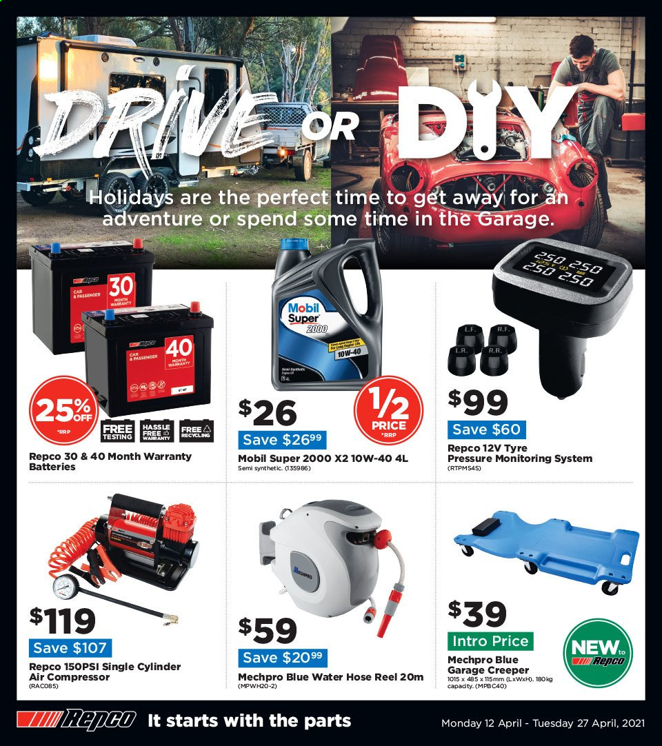 thumbnail - Repco mailer - 12.04.2021 - 27.04.2021 - Sales products - Mechpro Blue, air compressor, Mobil. Page 1.