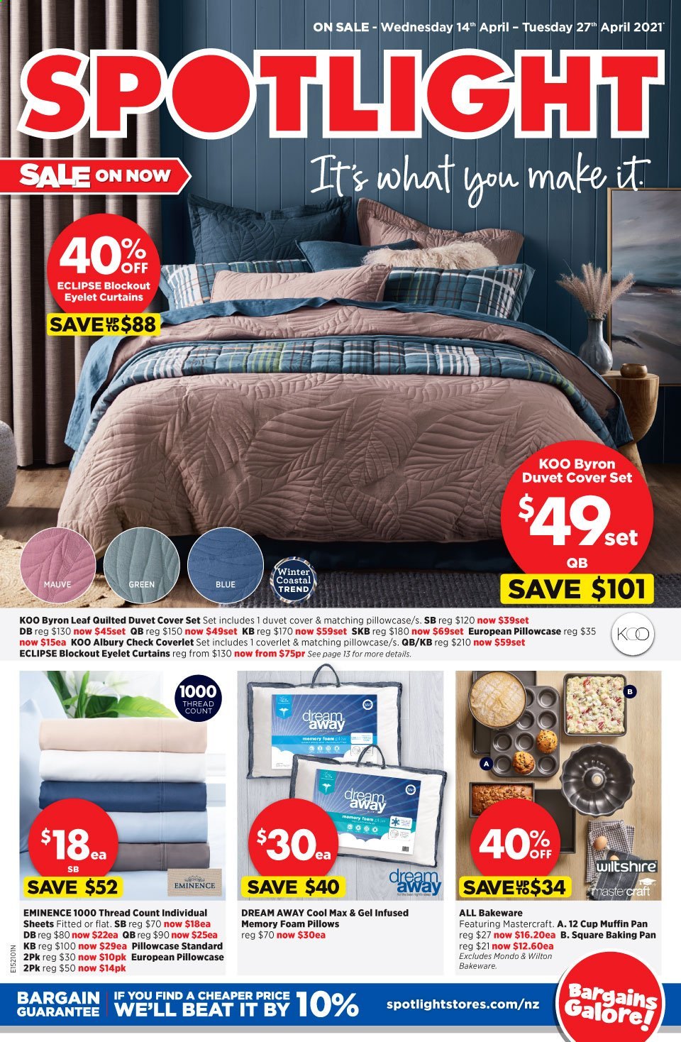 thumbnail - Spotlight mailer - 14.04.2021 - 27.04.2021 - Sales products - pan, cup, bakeware, duvet, pillow, pillowcase, curtain, quilt cover set. Page 1.