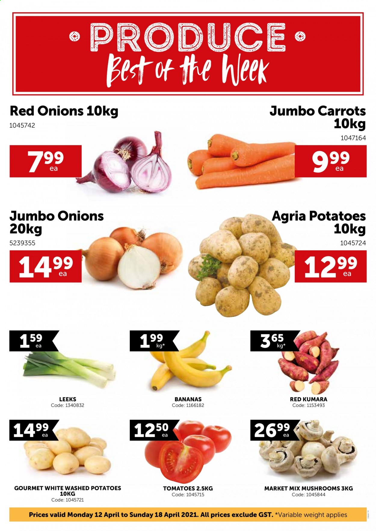 thumbnail - Gilmours mailer - 12.04.2021 - 18.04.2021 - Sales products - mushrooms, carrots, red onions, tomatoes, potatoes, onion, bananas. Page 1.