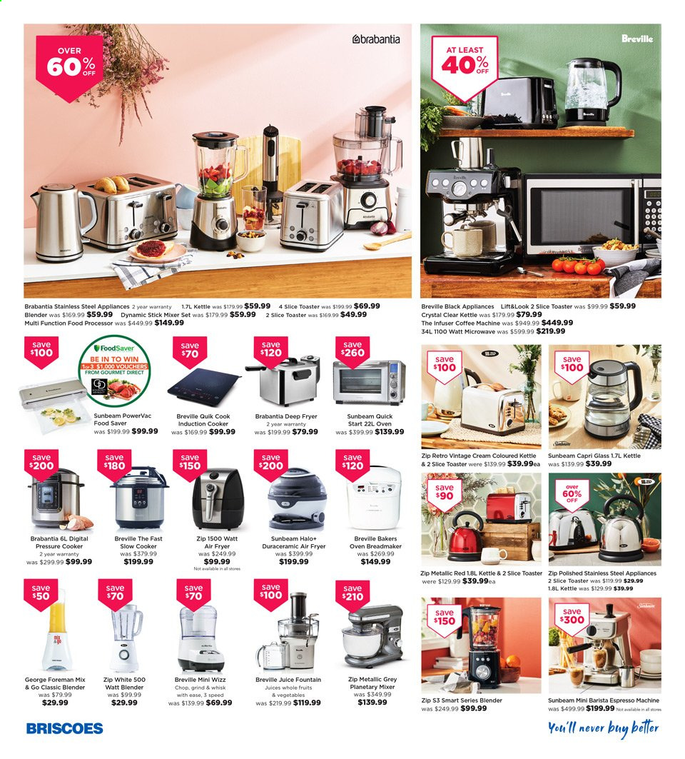 thumbnail - Briscoes mailer - 17.04.2021 - 26.04.2021 - Sales products - Brabantia, pressure cooker, Sunbeam, oven, microwave, coffee machine, espresso maker, blender, mixer, slow cooker, air fryer, food processor, toaster, kettle. Page 4.