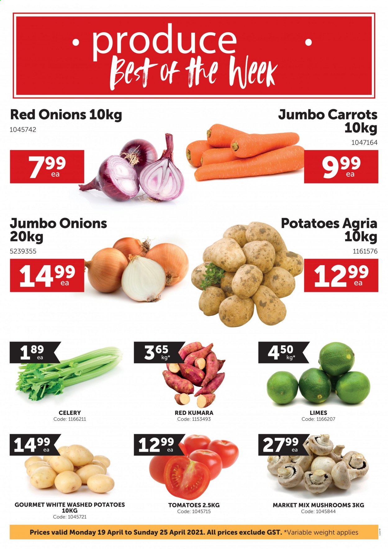 thumbnail - Gilmours mailer - 19.04.2021 - 25.04.2021 - Sales products - mushrooms, carrots, celery, red onions, tomatoes, potatoes, onion, limes. Page 1.