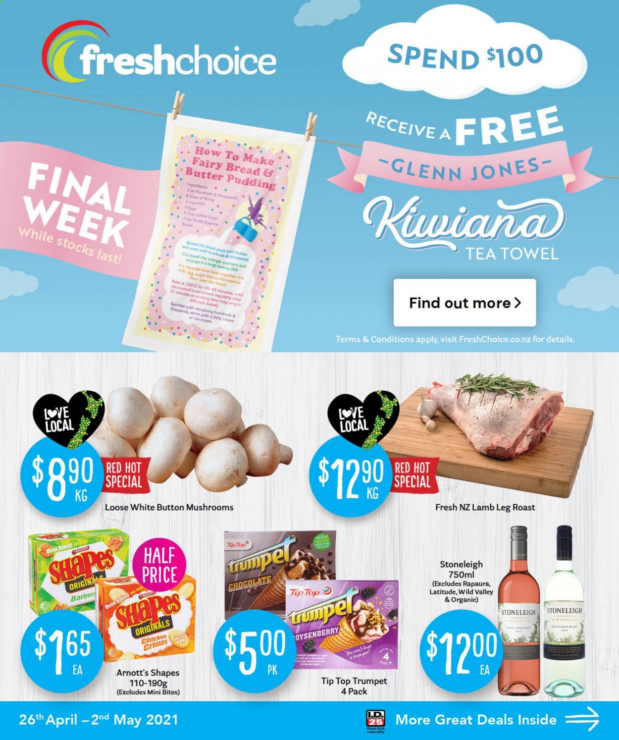 thumbnail - Fresh Choice mailer - 26.04.2021 - 02.05.2021 - Sales products - custard, pudding, milk, eggs, ice cream, chocolate, wine, Sauvignon Blanc, lamb meat, lamb leg, jar. Page 1.