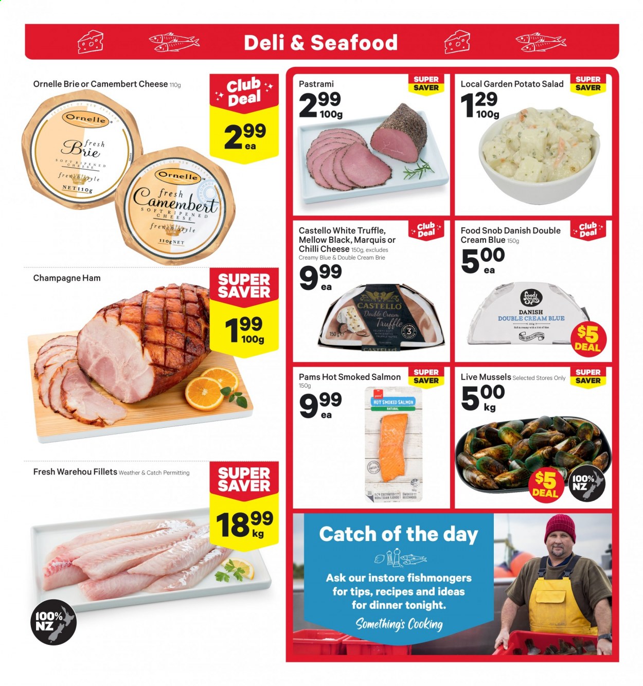 thumbnail - New World mailer - 26.04.2021 - 02.05.2021 - Sales products - salad, mussels, salmon, smoked salmon, ham, pastrami, potato salad, camembert, cheese, brie, truffles, champagne, beef meat, Omega-3. Page 7.