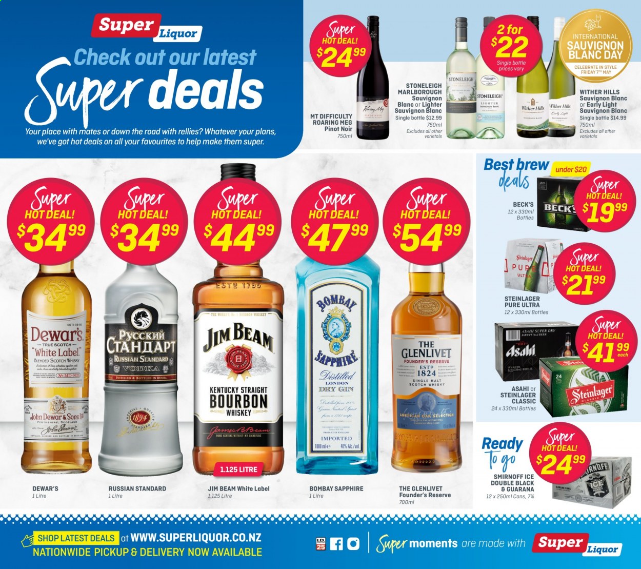 thumbnail - Super Liquor mailer - 25.04.2021 - 09.05.2021 - Sales products - red wine, white wine, wine, Pinot Noir, Wither Hills, Sauvignon Blanc, Smirnoff, Jim Beam. Page 1.